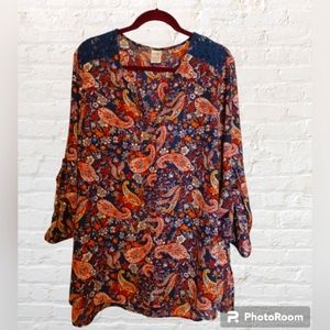 Terra & Sky Blouse 1X V Neck Paisley Button Down Casual Office